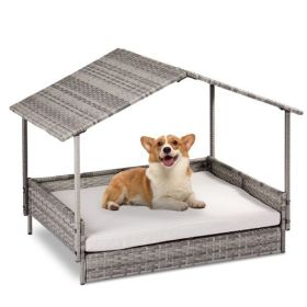 Wicker Dog House, Elevated Rattan Dog Bed with Canopy and Washable Cushion Cover, Indoor Outdoor Raised Pet House for Small Medium Dogs Cats, Gra