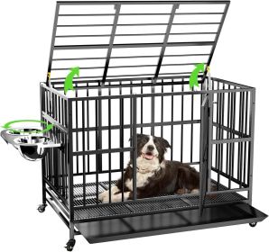 43" Heavy Duty Dog Crate with Unique Air Lift Rod/Wheels/ 360° & Adjustable 2 Bowls, Extra Medium Dog Crate
